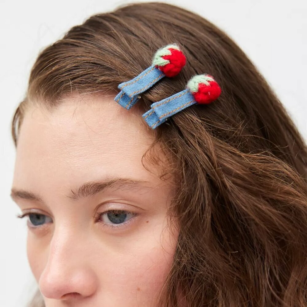 NWT Urban Outfitters Denim Strawberry Hair Clip Set of Two